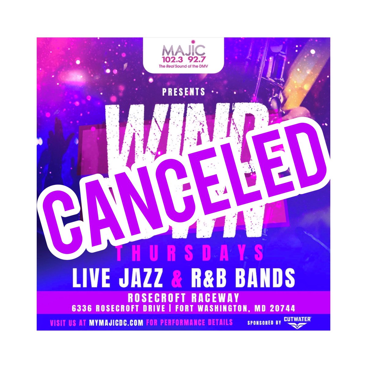 TheVJExperience's tweet photo. Unfortunately, due to inclement weather, #WindDownThursday has been canceled. Weโll see you next week at Rosecroft Raceway ๐ Go to https://t.co/T3k1tVkf0I for details! https://t.co/lhX7gRhYor