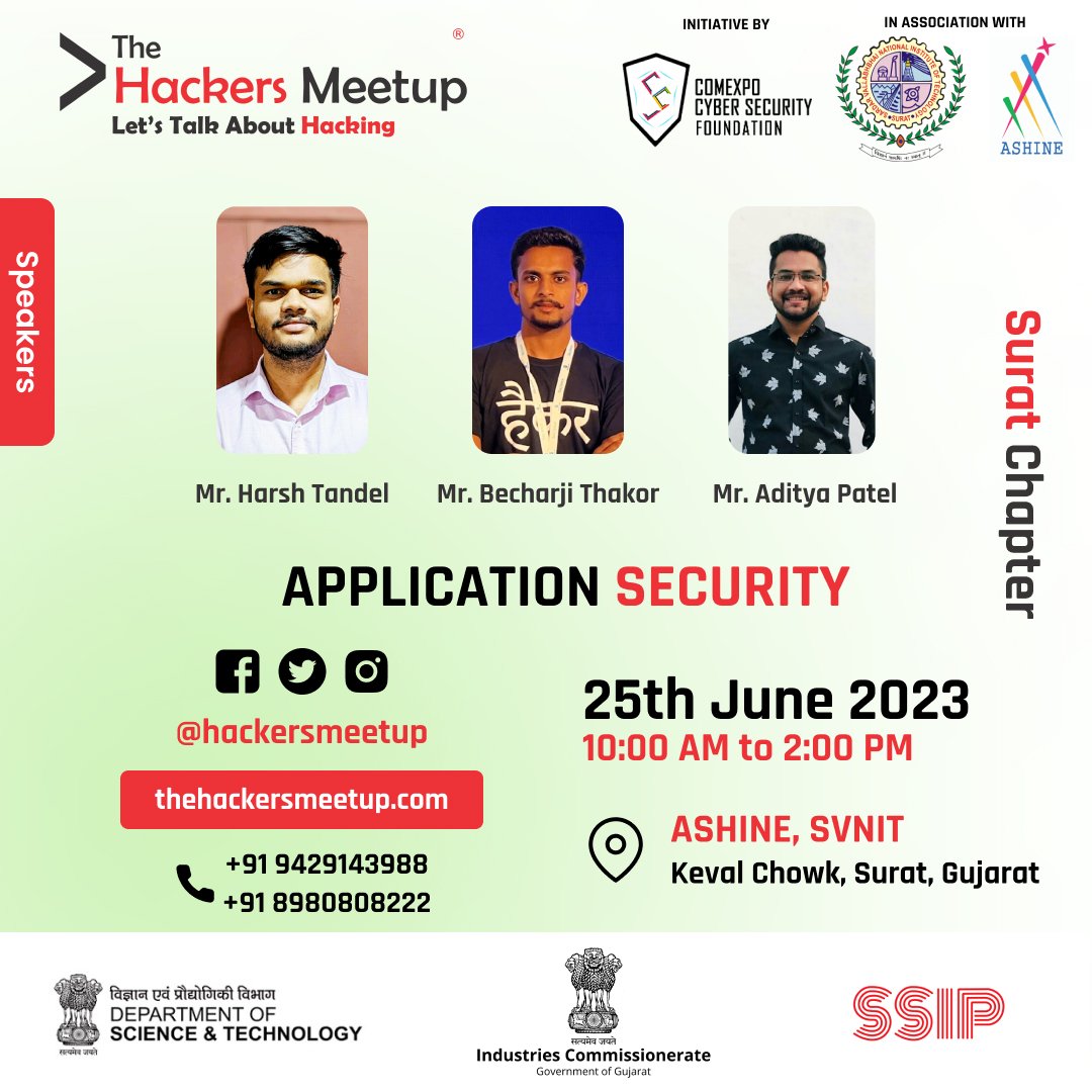 Hackers_Meetup's tweet image. The Hackers Meetup Surat Application Security edition,
Date: 25/06/2023
Time: 10.00 AM to 02.00 PM
Venue: ASHINE, @svnit Surat,
Register Now: forms.gle/BNE7gzDZjaqGZL…
#TheHackersMeetup #ExploitWriting #ShellCoding #ApplicationSecurity #Pentesting #WAPT #MAPT #VAPT #BugBounty