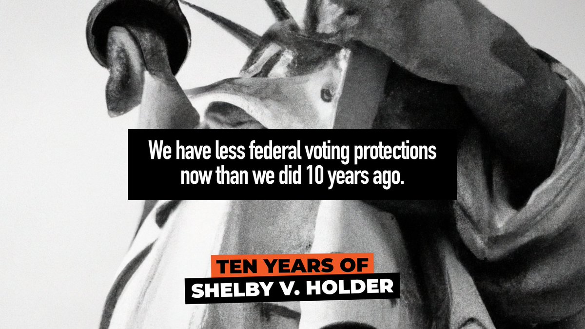 We had more federal voting protections 10 years ago than we do today, due to the disastrous 2013 Supreme Court Shelby v. Holder decision, which gutted the Voting Rights Act and stripped the federal government of the power to block discriminatory voting changes. #RestoreTheVRA