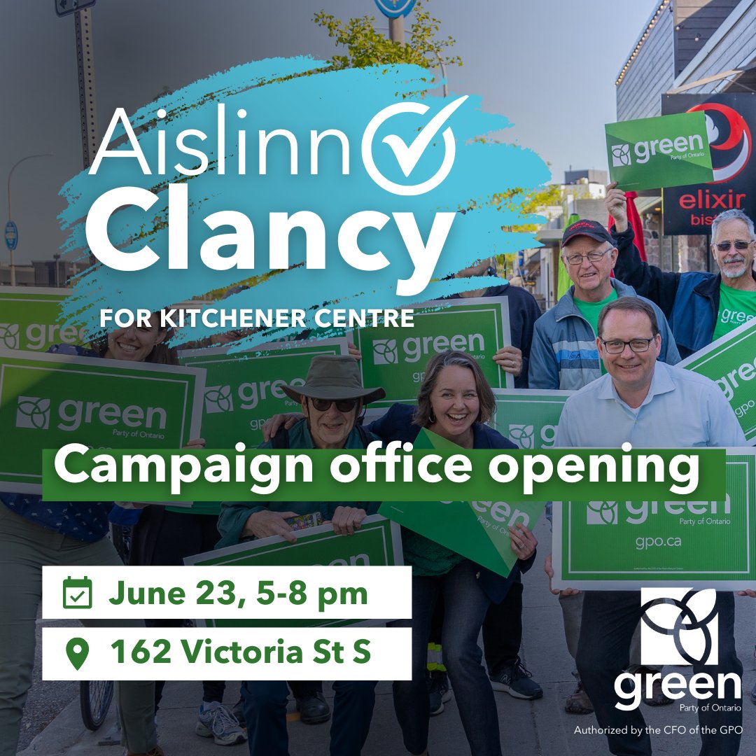 OntarioGreens's tweet photo. 📣 KITCHENER 📣

Join us TOMORROW as we celebrate the official opening of the Aislinn Clancy Campaign Office! We hope you'll join Aislinn, Mike and the rest of the GPO team to make this a night to remember ✨

RSVP: https://t.co/GtetULYBnh

#kitchener #kw #kitchenerwaterloo https://t.co/FzBjBkuxQD