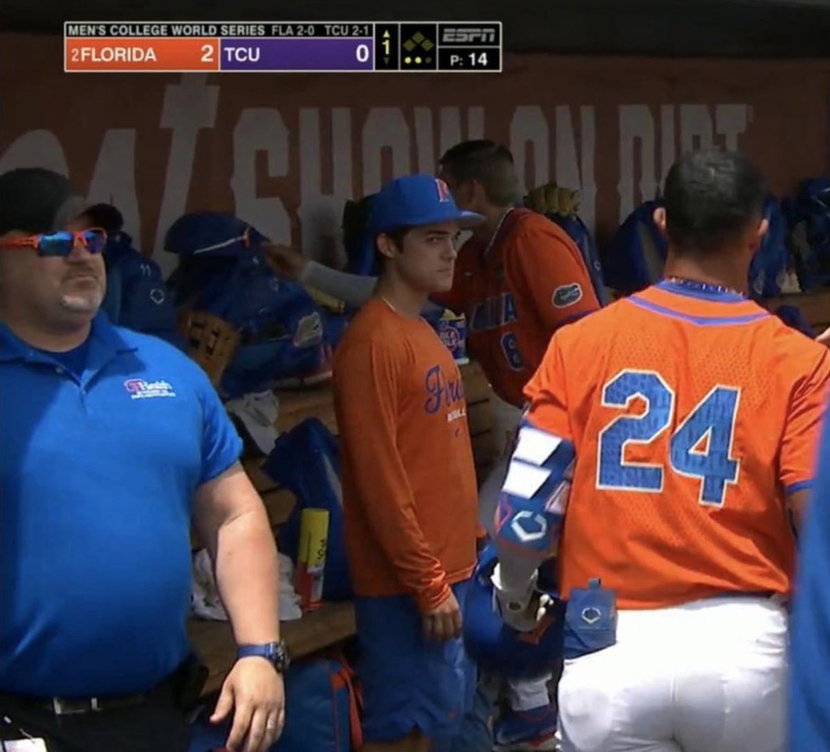 Dr. Kevin Farmer, the incredible team physician of @GatorsBB, keeping it real in the dugout! Much appreciation to @kevinfarmermd and @UFortho for ensuring our team stays in top shape! We are heading to the College World Series finals!