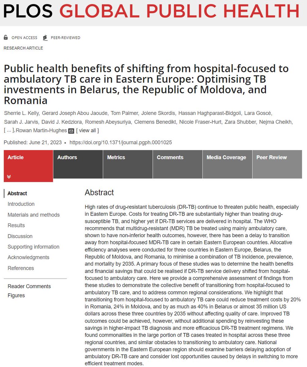JUST PUBLISHED: Transitioning from hospital-focused to ambulatory TB care could reduce treatment costs by 20% in Romania, 24% in Moldova, and by as much as 40% in Belarus or almost US$35M across these 3 countries by 2035 without affecting quality of care. doi.org/10.1371/journa…