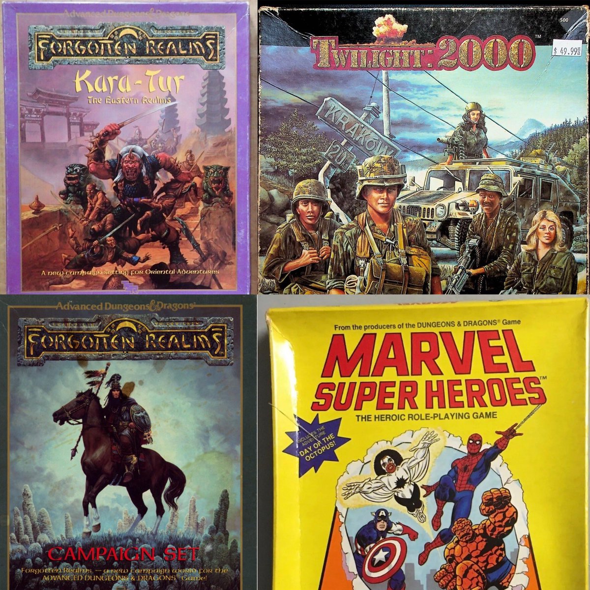 TheBillAllan's tweet photo. More classic boxed sets. All awesome.
#ttrpg #dnd #dungeonsanddragons #marvelsuperheroes #karatur #twilight2000 #forgottenrealms #vintagerpg https://t.co/6Ku2KfrEzl