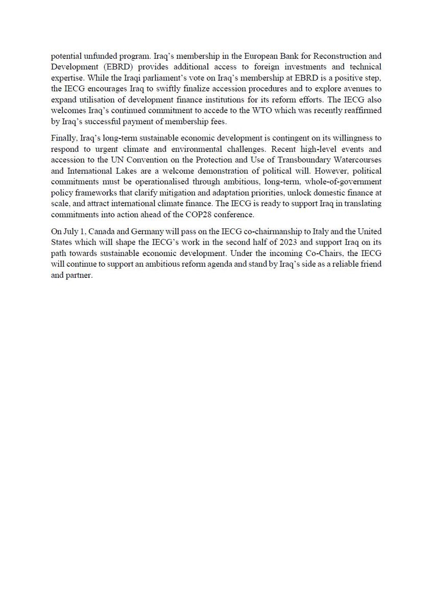 CanadainIraq's tweet photo. As 🇨🇦&🇩🇪 conclude their term as co-chair of the Iraq Economic Contact Group #IECG, please see the group's latest statement following the passage of the Budget Law and yesterday's IECG Ambassadors meeting. #Iraq @GermanyinIraq https://t.co/GNoEqaYdba