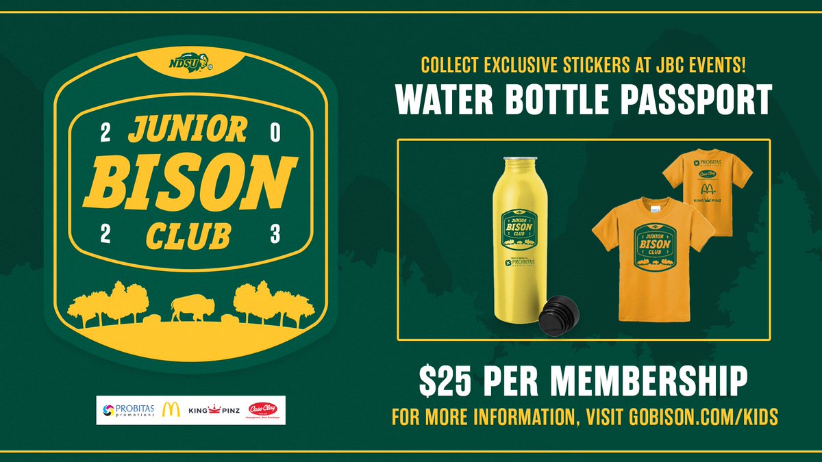 New to the Junior Bison Club this year is our 𝐖𝐚𝐭𝐞𝐫 𝐁𝐨𝐭𝐭𝐥𝐞 𝐏𝐚𝐬𝐬𝐩𝐨𝐫𝐭!

⭐Deck your water bottle out with our exclusive stickers at every event in 2023-24⭐

$25 for entry into all Bison Home events! (excluding football)

𝙎𝙞𝙜𝙣 𝙪𝙥 ➡️ GoBison.com/kids