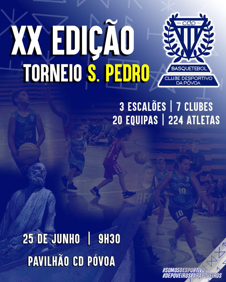 🏀 𝗧𝗢𝗥𝗡𝗘𝗜𝗢 𝗗𝗘 𝗦. 𝗣𝗘𝗗𝗥𝗢 - XX Edição

💙 É já este domingo, 25 de Junho, que se realiza no Pavilhão do CD Póvoa a 20ª Edição do Torneio de S. Pedro que contará com os 3 escalões de minibasquete do nosso clube.

🔜 Informações sobre as equipas nos próximos dias.