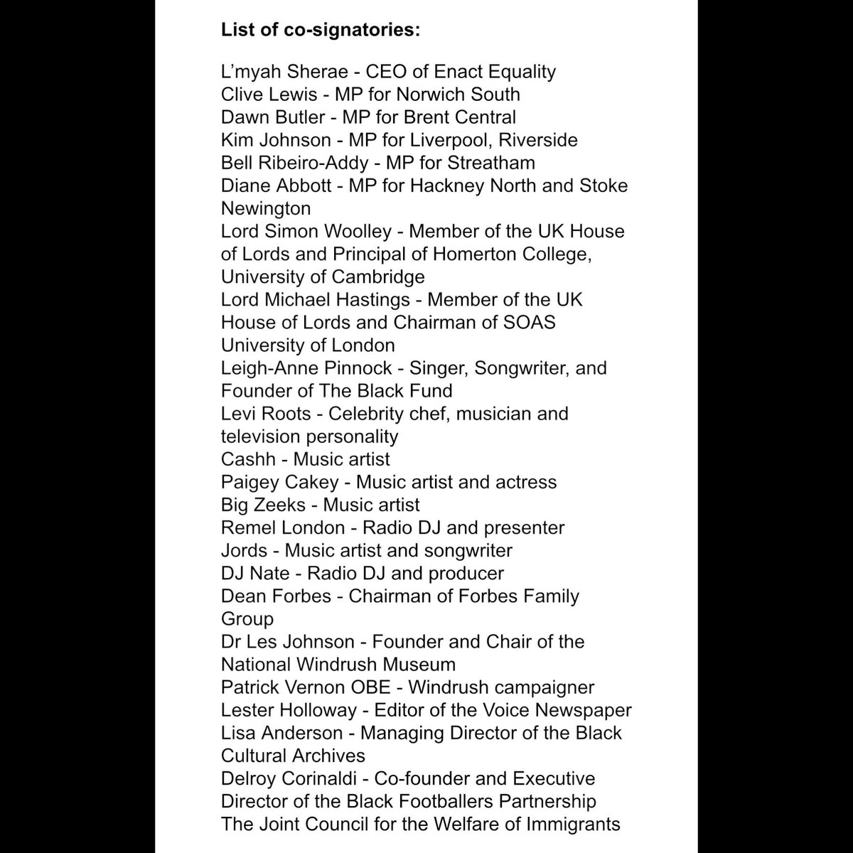 Black communities are still not being paid the #windrush compensation they deserve. Today, we wrote to the Home Office to demand justice. Thank you <a href="/MarshadeCordova/">Marsha de Cordova</a> &amp; all who co-signed our letter, including <a href="/LeighAnneMusic/">Leigh-Anne</a>, <a href="/levirootsmusic/">Levi Roots</a>, <a href="/DawnButlerBrent/">Dawn Butler ✊🏾💙</a>, <a href="/ppvernon/">Patrick Vernon</a> &amp; many more