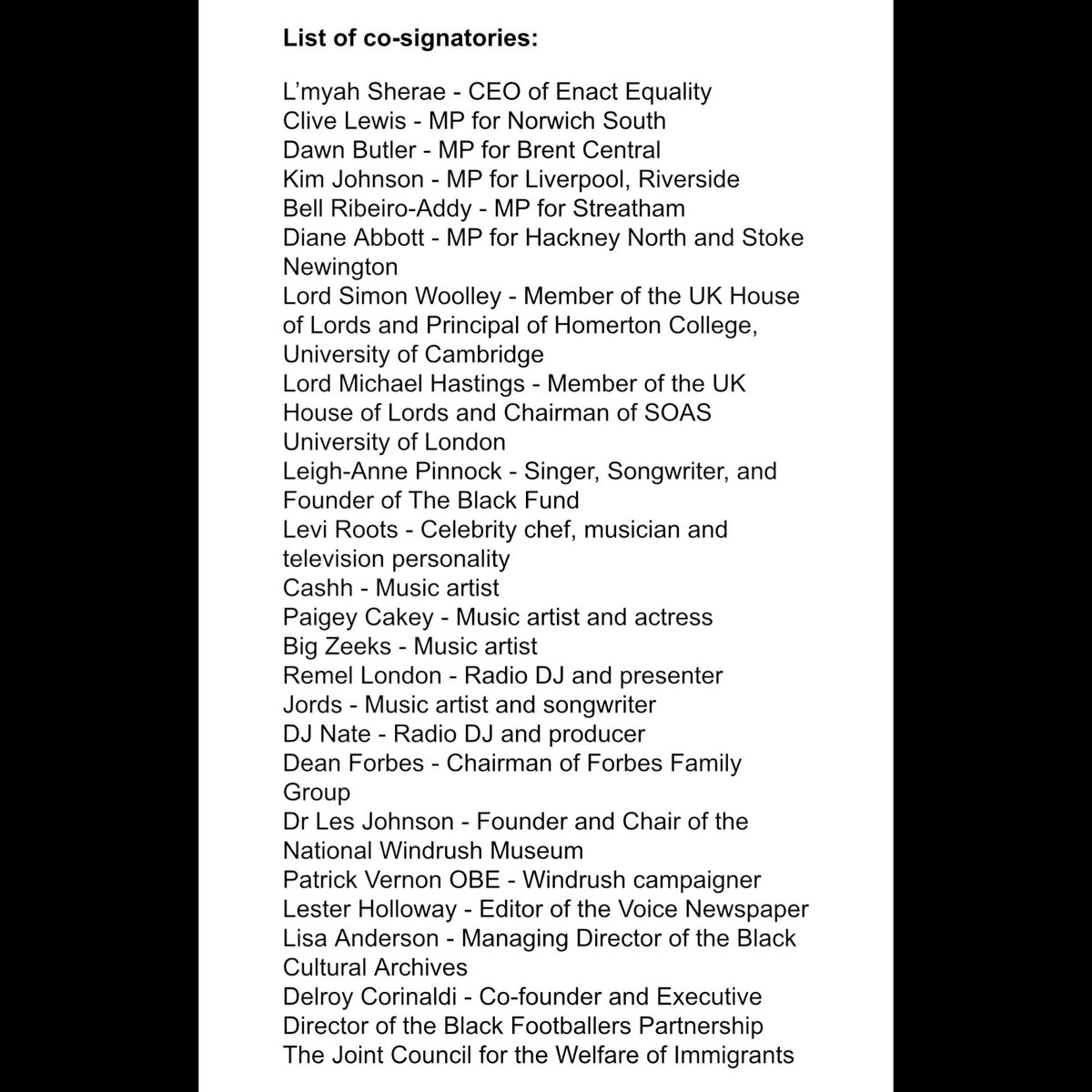 Black communities are still not being paid the #windrush compensation they deserve. Today, we wrote to the Home Office to demand justice. Thank you @MarshadeCordova & all who co-signed our letter, including @LeighAnneMusic, @levirootsmusic, @DawnButlerBrent, @ppvernon & many more