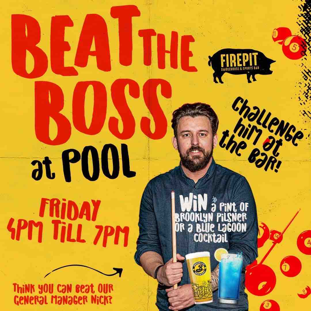 🎱Think you have what it takes to Beat The Boss at Firepit? 🎱

-Challenge him to a game at the bar for a chance to win a pint or a cocktail 🍹

And yes this is a real deal🍺

#BeatTheBoss #BrooklynLarger #BlueLagoon #PoolMaster