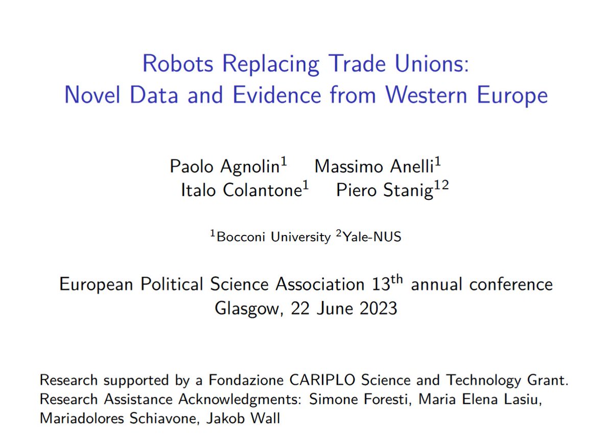 paolo_agnolin's tweet image. After years of work, today I was very excited to present the initial results from the project I am working on with @massimo_anelli, I. Colantone and @PStanig at #EPSA2023 

The project investigates the effects of Automation on Trade Unions and Voting in Western Europe

1/3