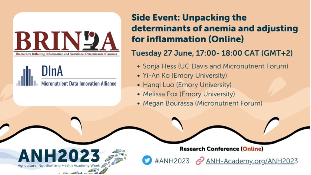 DInA - Micronutrient Data Innovation Alliance (@mndata_alliance) on Twitter photo Will you be attending #ANH2023? Be sure to tune into the online side event with representatives from <a href="/MNData_Alliance/">DInA - Micronutrient Data Innovation Alliance</a> and the BRINDA Project: “Unpacking the determinants of anemia and adjusting for inflammation”.
📅 27 June 2023, 17:00 CAT
Register here: anh-academy.org/academy-week/2… Will you be attending #ANH2023? Be sure to tune into the online side event with representatives from <a href="/MNData_Alliance/">DInA - Micronutrient Data Innovation Alliance</a> and the BRINDA Project: “Unpacking the determinants of anemia and adjusting for inflammation”.
📅 27 June 2023, 17:00 CAT
Register here: anh-academy.org/academy-week/2…