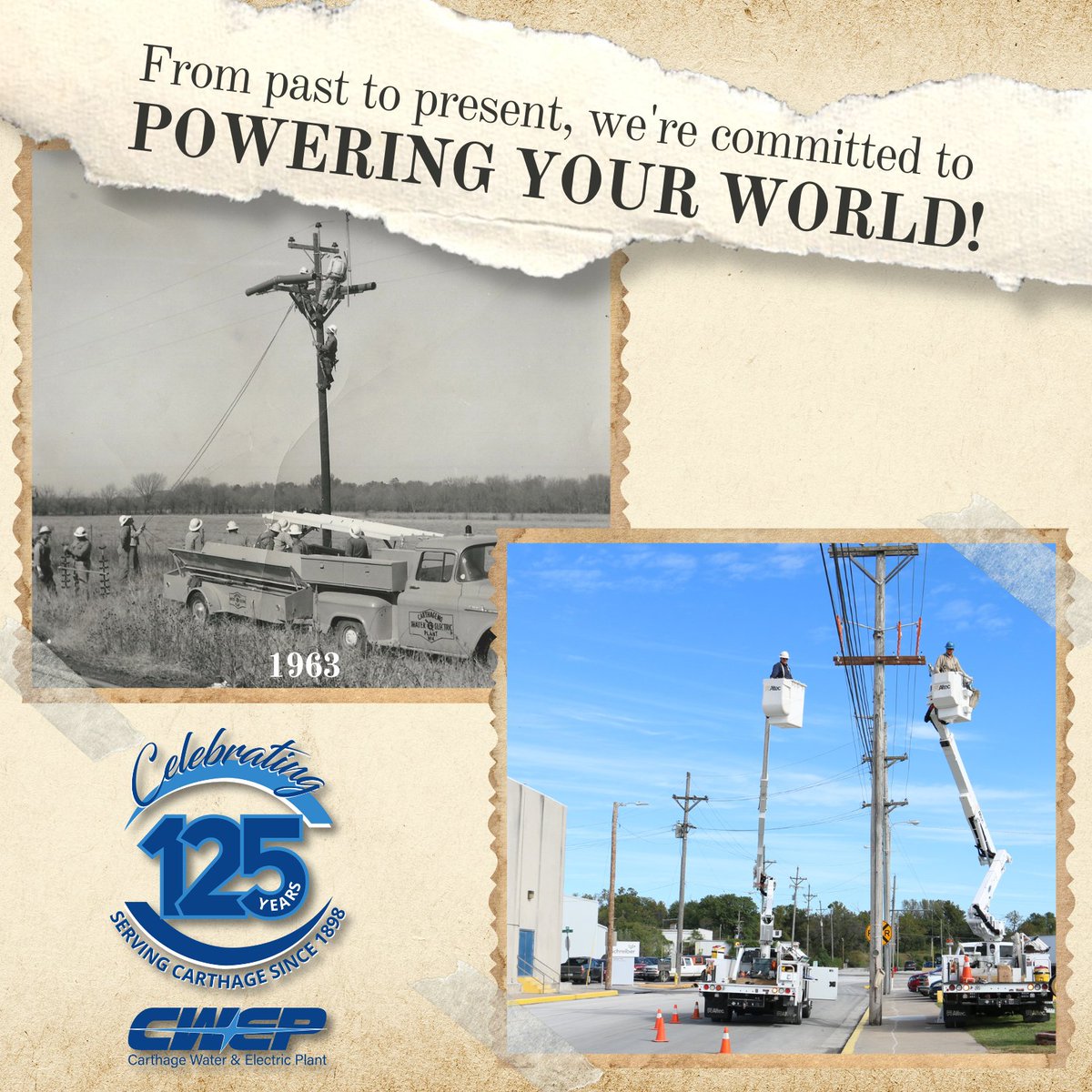 From then to now, the power of CWEP teamwork remains unchanged! 💪 

#PublicPower #CommunityPowered #servingourcommunity #125YearsStrong #CWEPHistory #carthagemo #417land