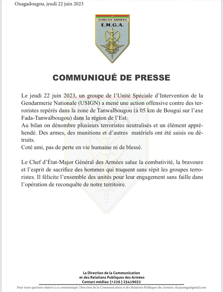 suglimanie's tweet photo. Plusieurs terroristes neutralisés et un élément appréhendé par l’Unité Spéciale d’Intervention de la Gendarmerie Nationale #USIGN à 5 km de Bougui dans la région de l’Est 
#BurkinaFaso #Tl226 https://t.co/l04Qs7368Y