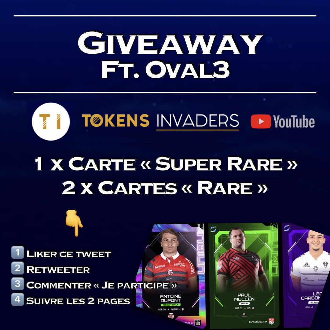 InvadersTokens's tweet photo. 🎁 GIVEAWAY ft. @oval3_Game 🏉

Suite au live terminé à l’instant : https://t.co/BcLrJzK4TE 🔴

Nous vous faisons gagner :
👉 1 x Carte « Super Rare »
👉 2 x Cartes « Rare »
(Illustration à titre indicatif)

Conditions à compléter sur l'image ✅

(1/2) 👇 https://t.co/HBCitYHwdo