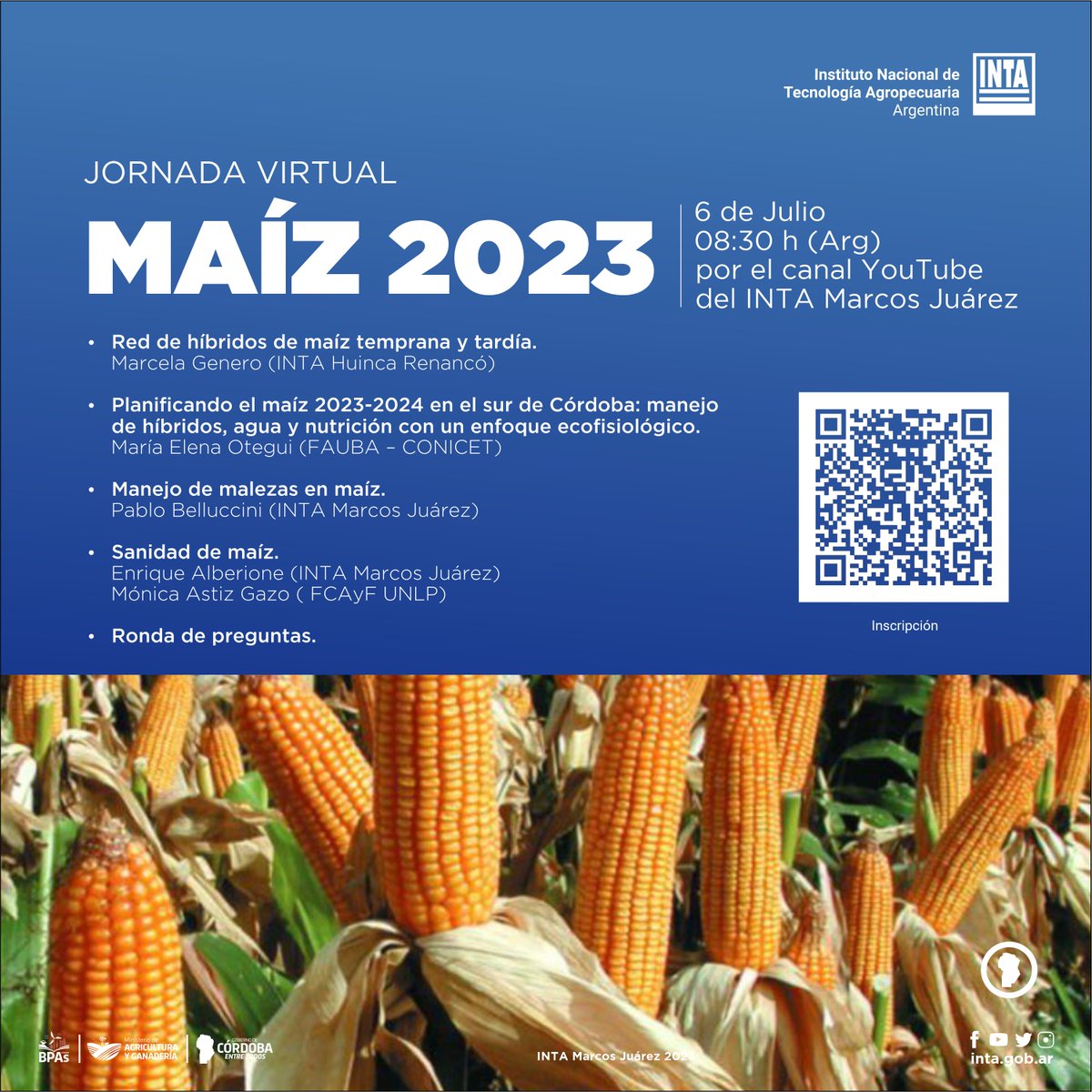 🌽Comenzó la cuenta regresiva para la Jornada Virtual de Maíz 2023

❓¿Cuándo?: 6 de julio.
❓¿Hora?: 8.30 (Arg)
❓¿Dónde?: Por el canal de Youtube de INTA Marcos Juárez.

👉Inscripciones abiertas.

<a href="/intaMsJuarez/">INTA Marcos Juárez</a>
<a href="/intacordoba/">INTA Córdoba </a>

#inta
#intamarcosjuarez
#maiz #jornada