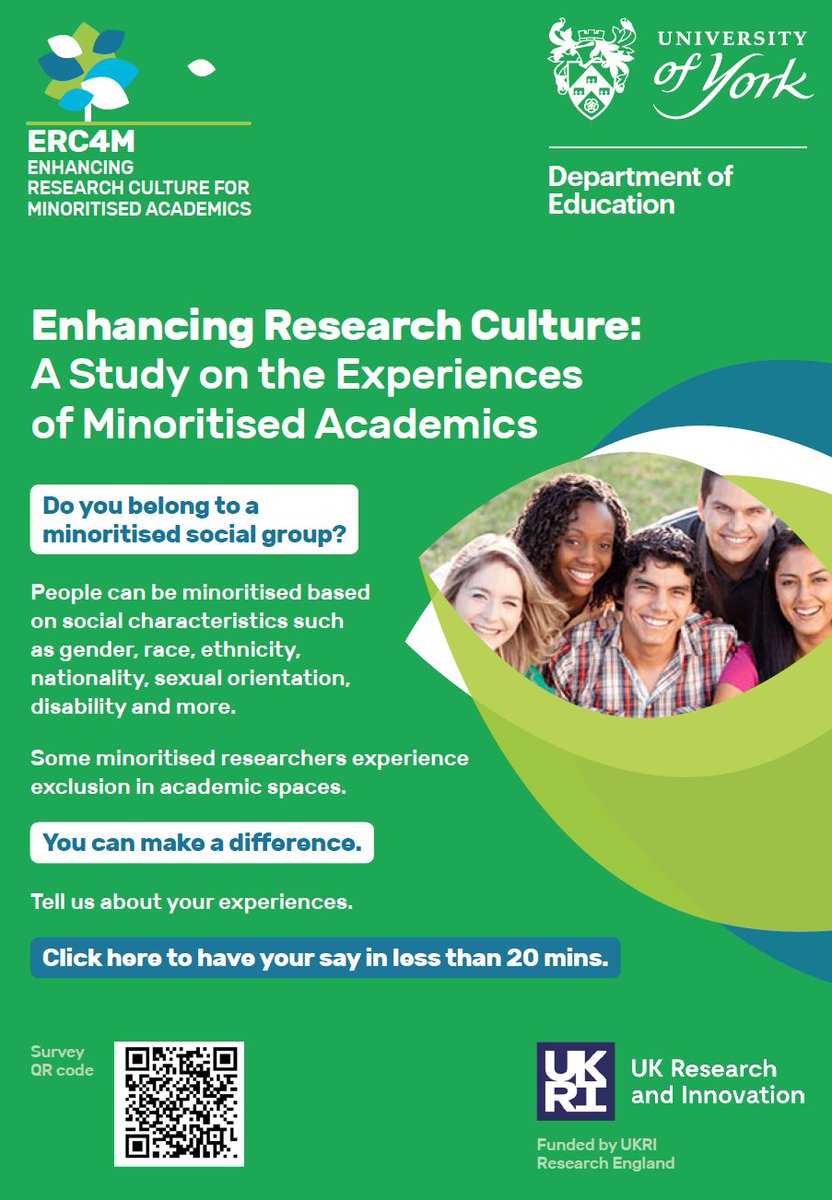 The Enhancing Research Culture for Minoritised Academics Project is looking for researchers to contribute their experiences. 

*The term 'minoritised' can apply to gender, race/ethnicity, nationality, sexual orientation, disability, religion and more. 

york.qualtrics.com/jfe/form/SV_9N…