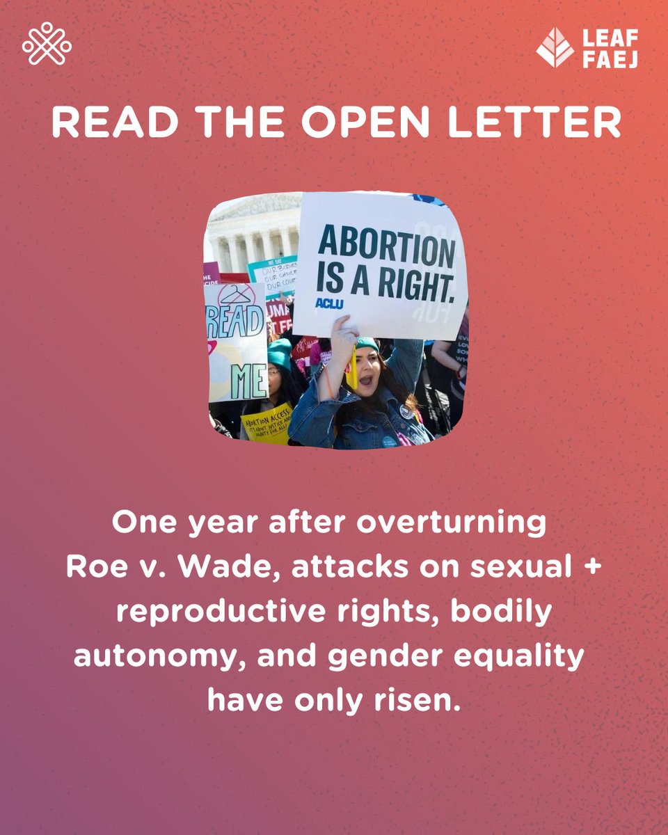 One year after the overturning of Roe v. Wade, attacks on sexual and reproductive rights, bodily autonomy, and gender equality have only risen. We’re standing with @LEAFNational and @actionacanadashr to call on governments to act. Read the open letter: buff.ly/3NlerfR