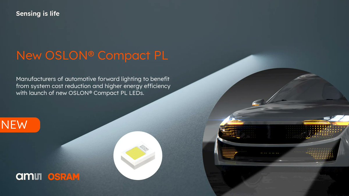 Manufacturers of automotive forward lighting to benefit from system cost reduction and higher energy efficiency with launch of new OSLON® Compact PL LEDs 
Learn more in our latest press release: buff.ly/46hCODK 
#automotive #AM