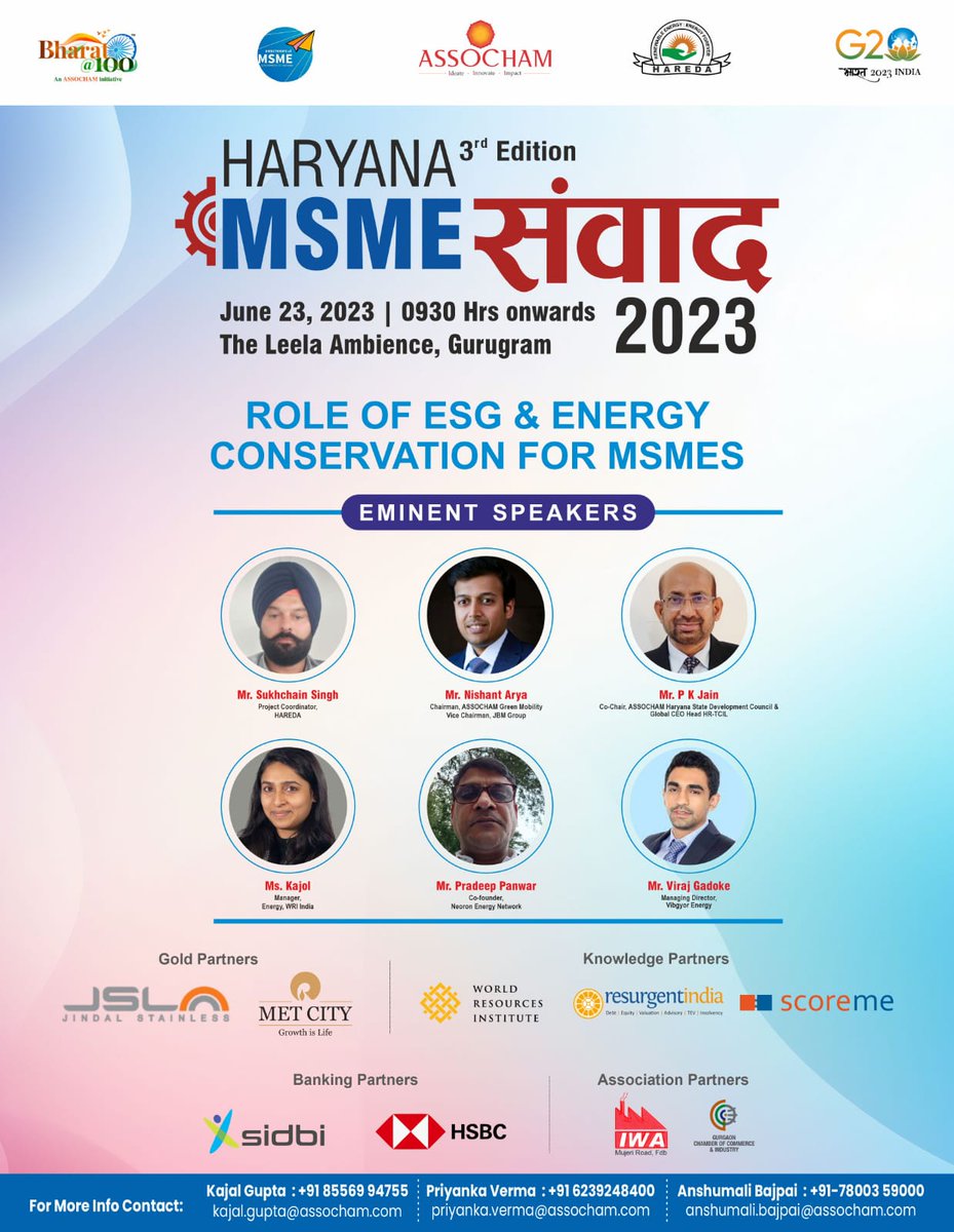 ASSOCHAM4India's tweet photo. 🌍 Gain valuable insights on the Role of ESG & Energy Conservation for MSMEs at #ASSOCHAMMSMESAMVAAD!

🗓️ June 23, 2023
📍 Gurugram
Registration Link ▶️ https://t.co/E8kAAI4cjP

Don't miss the chance to hear from our eminent speakers. Register now and secure your spot! 

@g20org,@iResurgentIndia,@minmsme,@bpsvermabjp,@Hareda_Haryana,@sidbiofficial,@mdhsiidc,@Hkrn_hry,@model_met,@Jindal_Official,@GurgaonChamber,@VijaySharma2201,@HSBC_IN