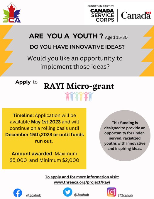 Threeca_org's tweet photo. The Rayi micro-grant applications are still being accepted. Remember to share with your contacts.
#LeadersToday
#CanadaServiceCorps
#Toronto #GTA #YOUTH
#innovation
#3cahub https://t.co/XSg0DI7Ue9