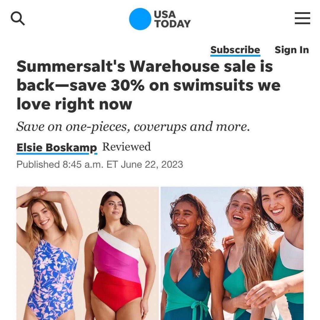 Thank you @USATODAY & Elsie Boskamp for highlighting our biggest sale of the year in your recent article. ☀️ Shop the entire site 30% off: summersalt.com @loritcoulter @reshmacc
