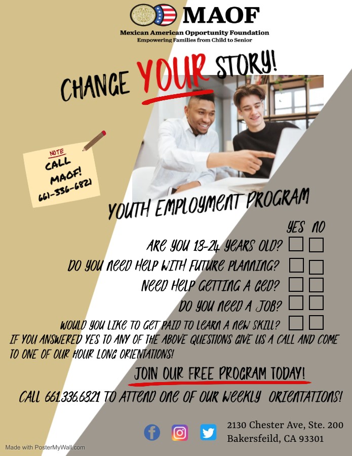 KernMAOF's tweet photo. Change your story!!!! #KernMAOF has a Youth Employment Program! Call 661336-6821 to get more information! #changinglivesinKernCounty #youth #employment https://t.co/kNjTWPEKnu