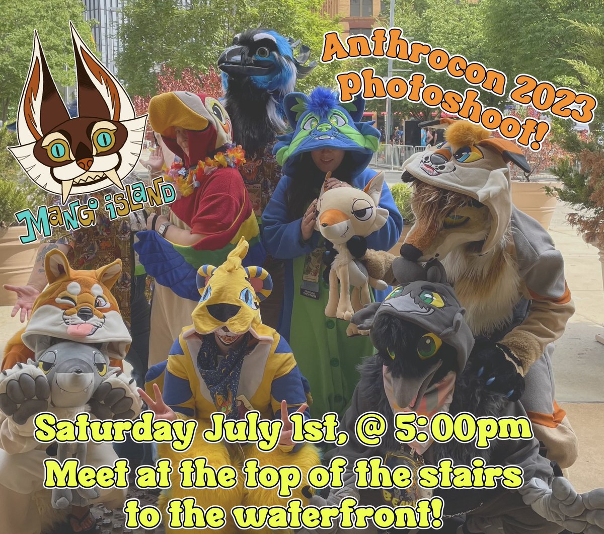 Will you be at Anthrocon 2023?

Bring your kigu and come hang out and get your photo taken with your fellow Mango Islanders!

Saturday July 1st at 5pm at the top of the waterfront! If you are unsure of the location feel free to meet at our booth P10 at 4:40 and walk over with me!
