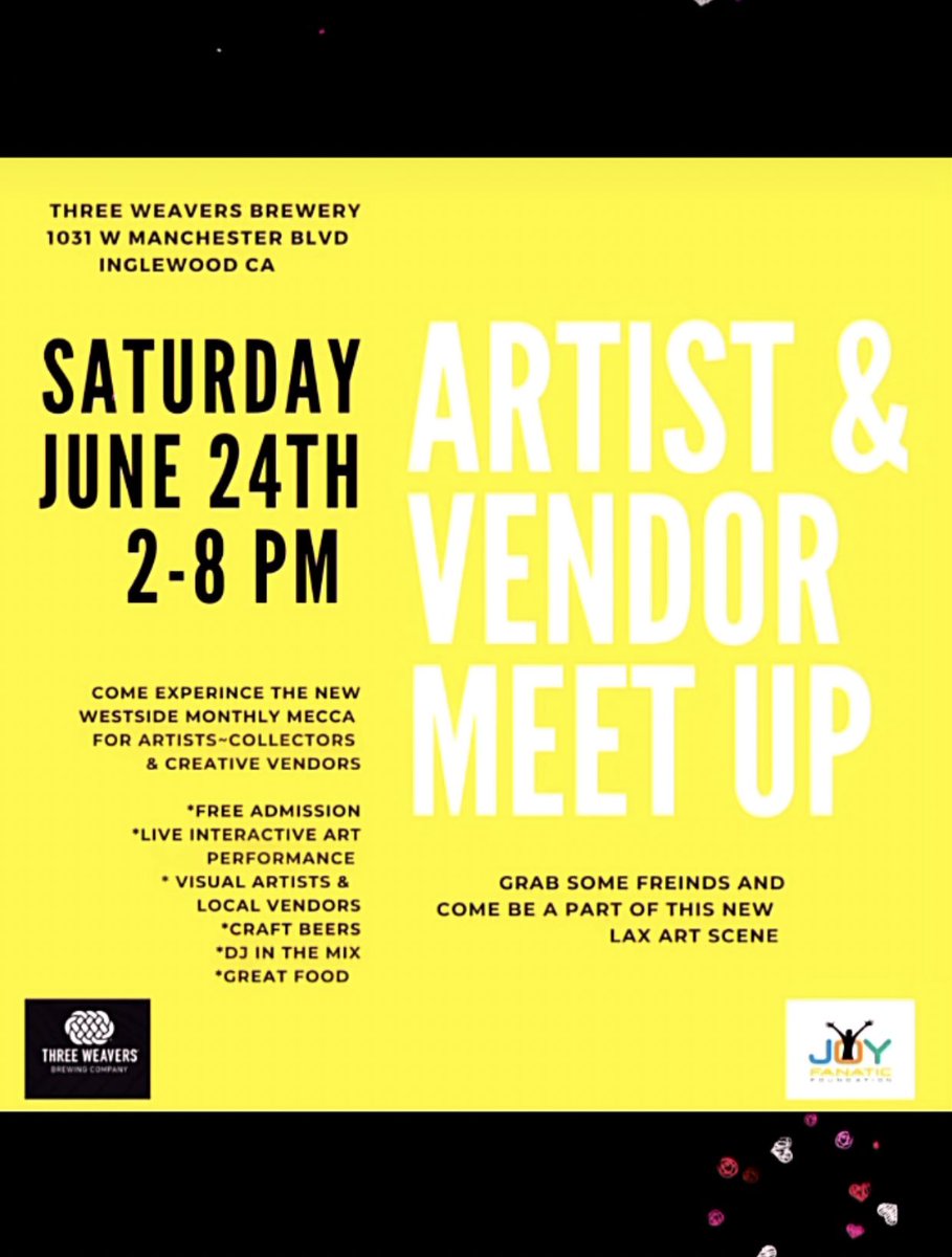 Calling All Artists, Musicians, Dancers, Crafters &amp; Art Lovers!
 Join 🙃<a href="/JOYFANATIC/">JoY FanaTic</a> 
This Saturday June 24, create art 🎨 collaborate w/ great vibes💛
at the <a href="/ThreeWeavers/">Three Weavers</a> 🍺.
Bring your easel, sketch pad, guitar….
1031 Manchester, #Inglewood- #LA. maps.app.goo.gl/UwqfgpUxv3nUM4…