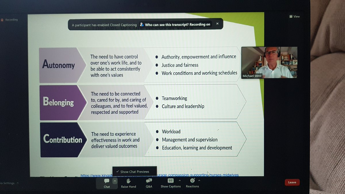 Insightful &amp; inspiring <a href="/MidwivesRCM/">Royal College of Midwives 💙</a> webinar this morning hosted by <a href="/midwife_cw/">Caitlin Wilson</a> and delivered by <a href="/WestM61/">Michael West</a> 'Compasssionate Leadership for High Quality Care'
I honestly believe that being part of a #continuityofcarer team can offer a midwife all of these things when led well ❤