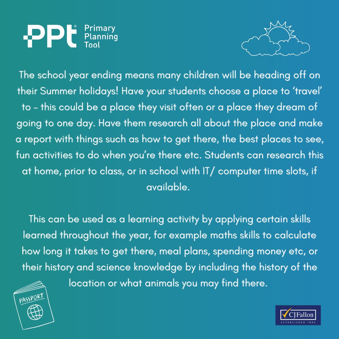 HeremonPPT's tweet photo. The summer holidays are nearly here!

Check out this fun end-of-year activity you can add to your lessons that will keep your students actively engaged through all of the summer excitement and help teachers manage any unsettled behaviour!👉💡

#ppt #primaryplanningtool #cjfallon https://t.co/Hcc3Nk5YFH