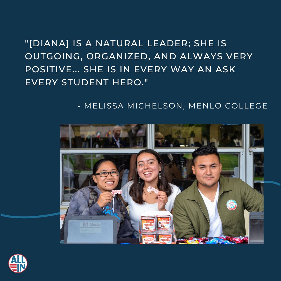ALL IN Campus Democracy Challenge (@allintovote) on Twitter photo Meet Diana Guardado, a student voting champion at <a href="/menlocollege/">Menlo College</a>! Diana worked on Menlo’s 2022 Civic Engagement Coalition, focusing on nonpartisan voter engagement. She coordinated a city council candidate forum, as well as an Early Voting festival! #AllInToVote Meet Diana Guardado, a student voting champion at <a href="/menlocollege/">Menlo College</a>! Diana worked on Menlo’s 2022 Civic Engagement Coalition, focusing on nonpartisan voter engagement. She coordinated a city council candidate forum, as well as an Early Voting festival! #AllInToVote