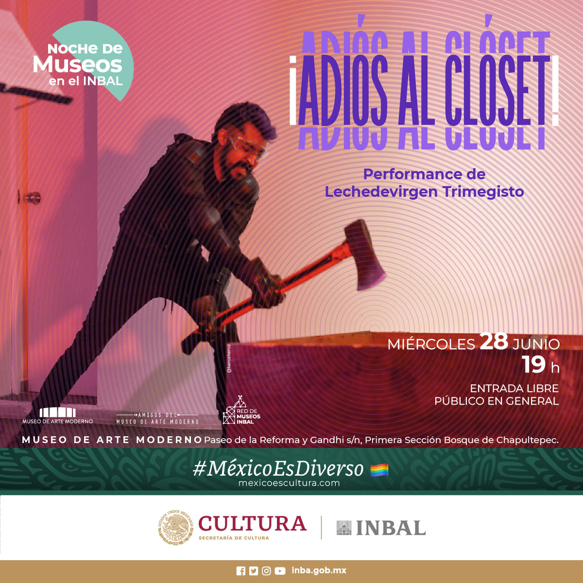 museoAmodernoMX's tweet photo. ¡Próxima #NocheDeMuseos!

Te esperamos en la presentación del performance “Adiós al clóset”, que plantea una crítica a esta frase, la cual ha funcionado como un dispositivo de control, desde la lógica heterosexual.

Miércoles 28 de junio
19 h.

Entrada libre.
@bellasartesinba https://t.co/TG3BgxnEqS