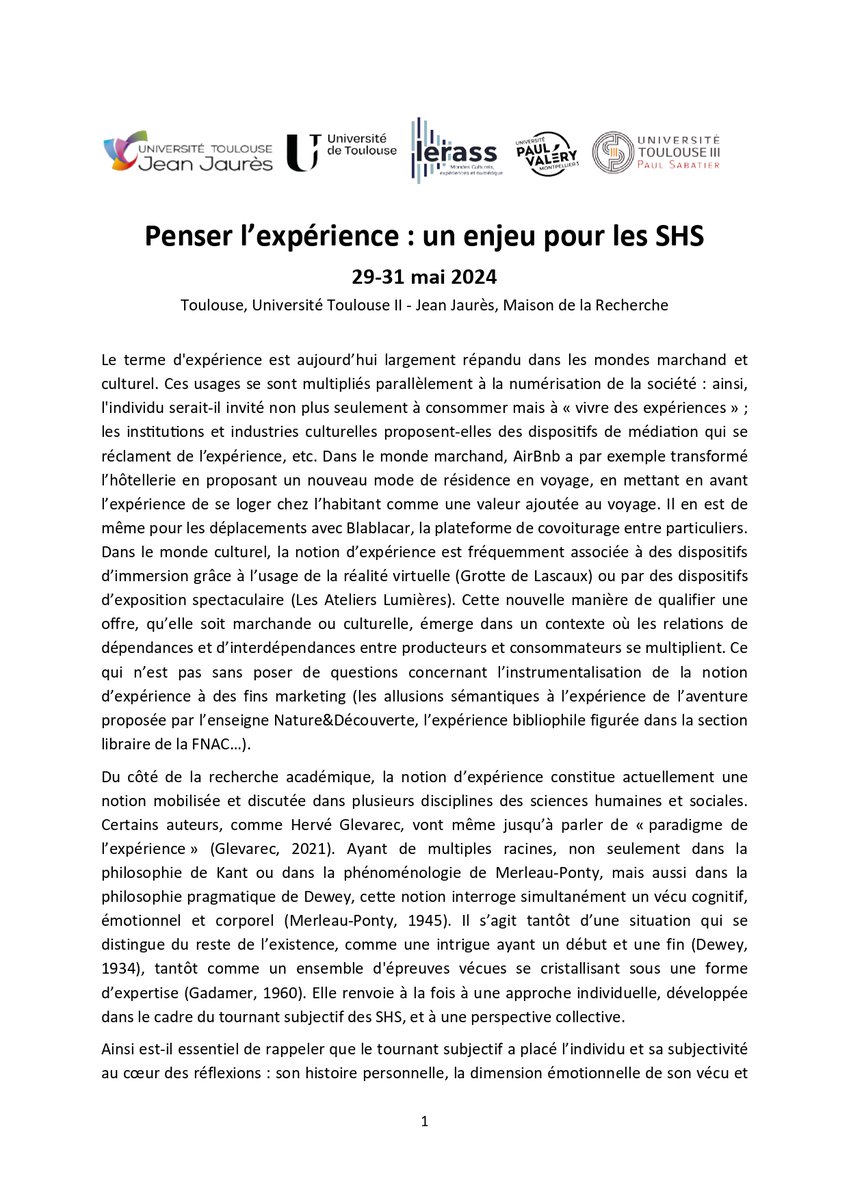 elenalapinatlse's tweet photo. Nous organisons, avec l'équipe de l'axe MOCEN du LERASS, un colloque international autour de la notion de l'expérience. Nous attendons vos propositions de communication avant le 15 décembre 2023, pour les 3 jours du colloque à Toulouse en fin mai 2024 ! https://t.co/A07dWnHxis