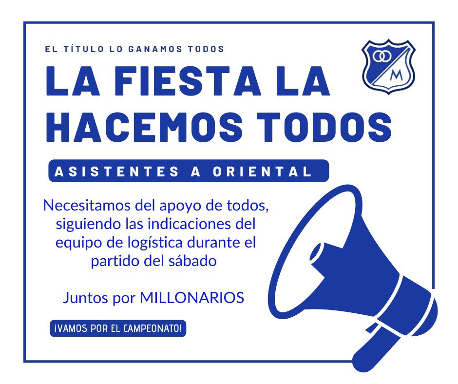 LaBandadelGuaro's tweet photo. LA FIESTA ES DE TODOS
El camino al campeonato requiere del apoyo de todos, para los asistentes a ORIENTAL tener en cuenta: 

-Entrar temprano para evitar el colapso del ingreso
-Llevar su asta 🏴󠁧󠁢󠁳󠁣󠁴󠁿 
-Seguir con precisión las indicaciones de logística

#MillonariosEsSuHinchada 💙👊🏻 https://t.co/VMEDNsfRCt