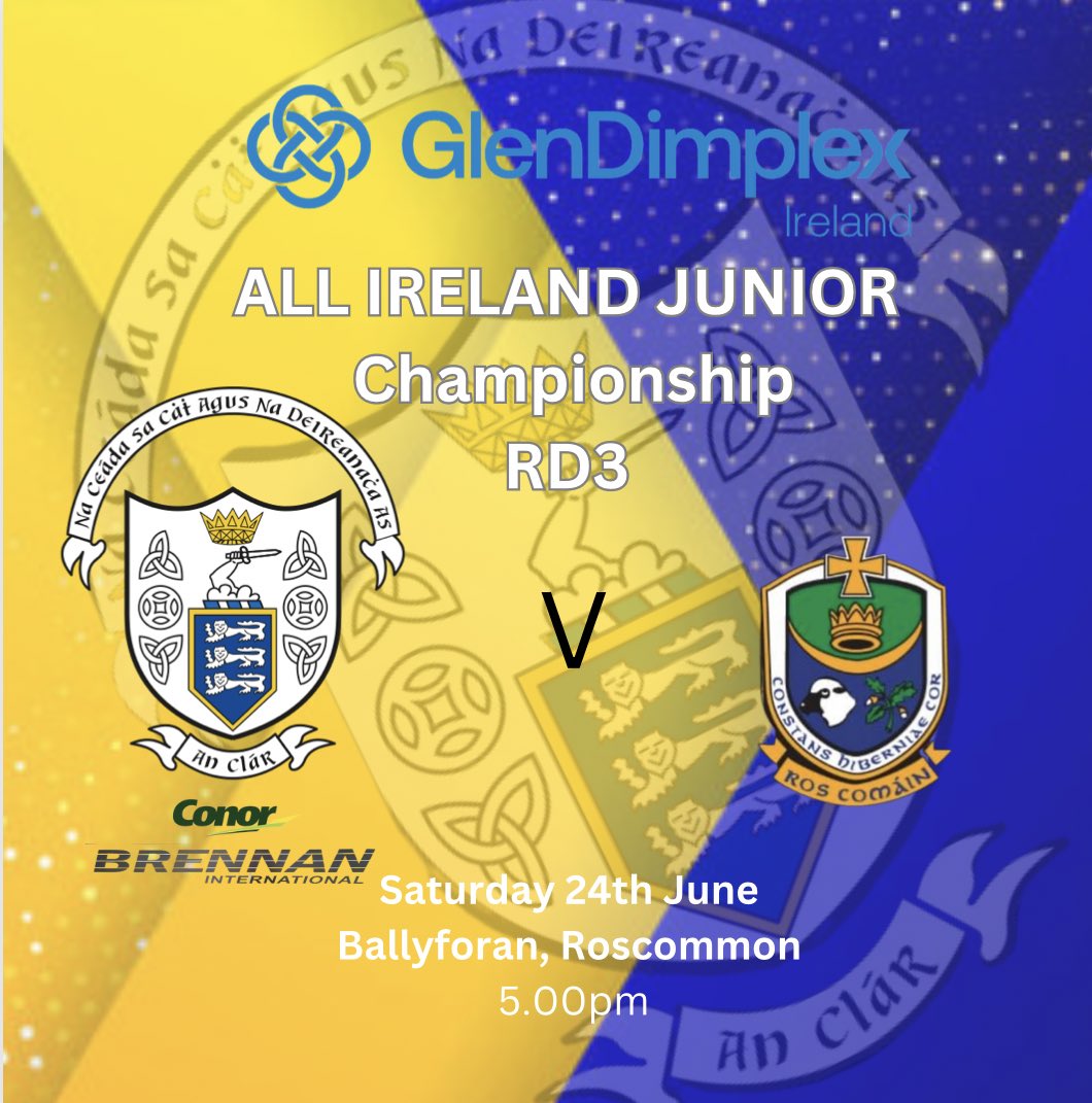 ClareCamogie's tweet photo. @OfficialCamogie Junior Championship RD3 

V @RoscommonCamog 
🏟️Ballyforan, Roscommon
🗓️ Saturday 24th at 5pm
🎟️ tickets through link on instagram

#glendimplex #OurGameOurPassion 

@DLynchSport @BrennanEoin @thepmanofficial @ClareFM @ClubClareHS https://t.co/FWw59J4xct