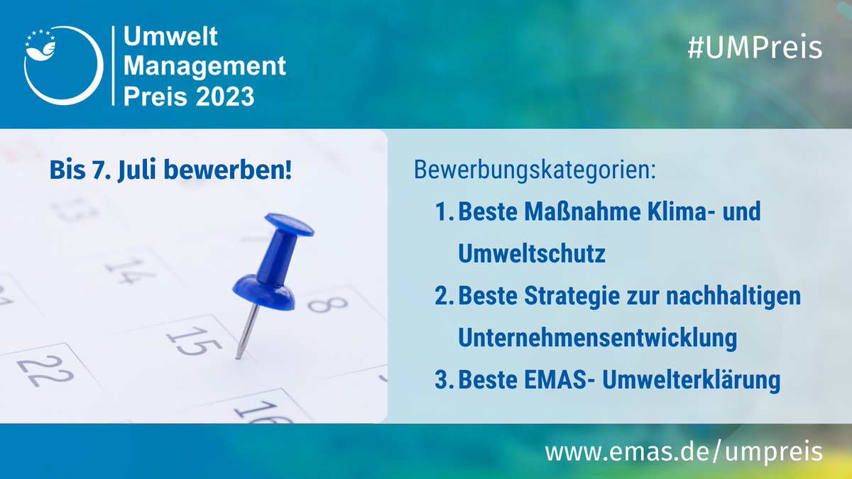 Am 8. November findet die Konferenz und Preisverleihung zum Umweltmanagement-Preis 2023 im Bundesumweltministerium statt. Nutzen Sie Ihre Chance und bewerben sich jetzt. Weitere Informationen und Bewerbungsunterlagen: emas.de/umpreis
#UMPreis
