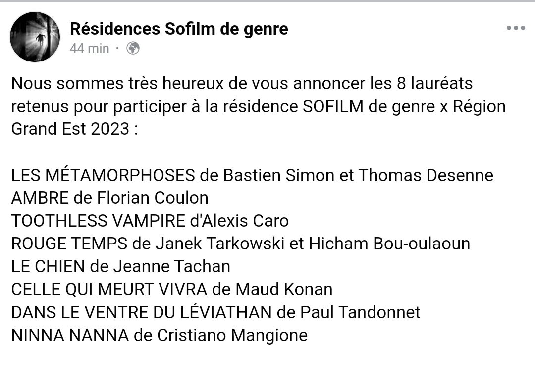 Sélectionné à la Résidence SOFILM de genre avec le projet "Les Métamorphoses", co-écrit avec Bastien Simon. 
Et bien, on est contents. 🥂🔥