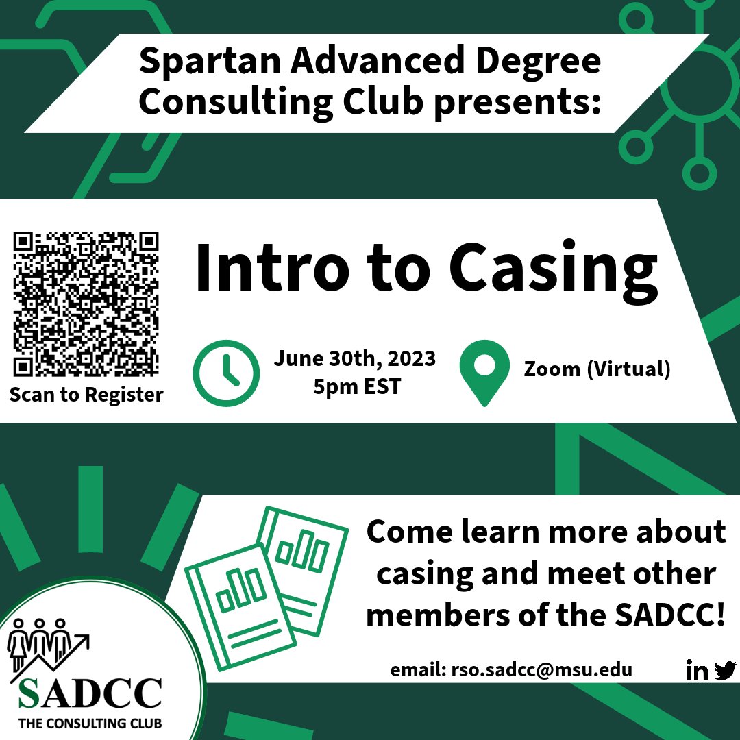 Come join our next event! 
Intro to Casing 
June 30, 2023 at 5:00 PM EST on Zoom

Learn more about the case interview format and gain valuable insights and tips to excel in such interviews.

Please register using the following link: lnkd.in/dDGAD5C5