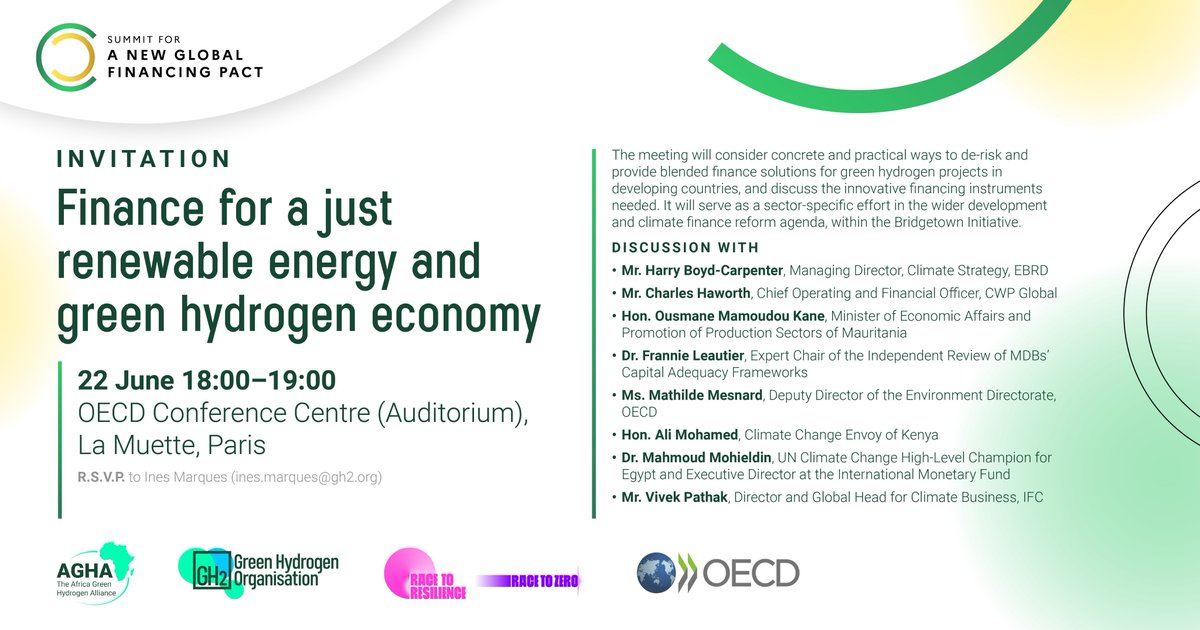 Learn more at today's meeting we are co-hosting at 18:00 CEST with the @OECD on finance for a Just #RenewableEnergy & #GreenHydrogen economy!
@hlcchampions @UNenvoyMM @EBRD
#NouakchottMessage #GlobalFinancingPact
gh2.org/event/finance-…