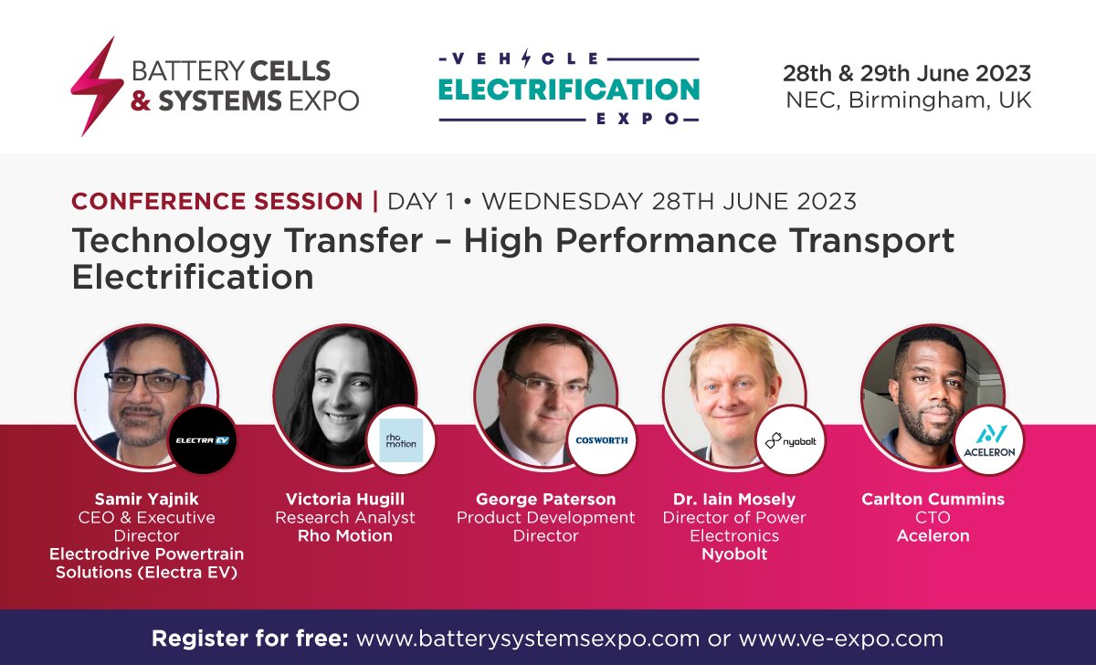 Our 'Technology Transfer- High Performance Transport Electrification' panel will feature industry experts including:

Samir Yajnik of <a href="/ElectraEv/">Electra EV</a>
Victoria Hugill of <a href="/rhomotion/">Rho Motion</a>
George Paterson of <a href="/Cosworth/">Cosworth</a>
Dr. Iain Mosely of <a href="/nyobolt/">Nyobolt</a>
Carlton Cummins of <a href="/aceleronenergy/">Aceleron</a>

#BCS23