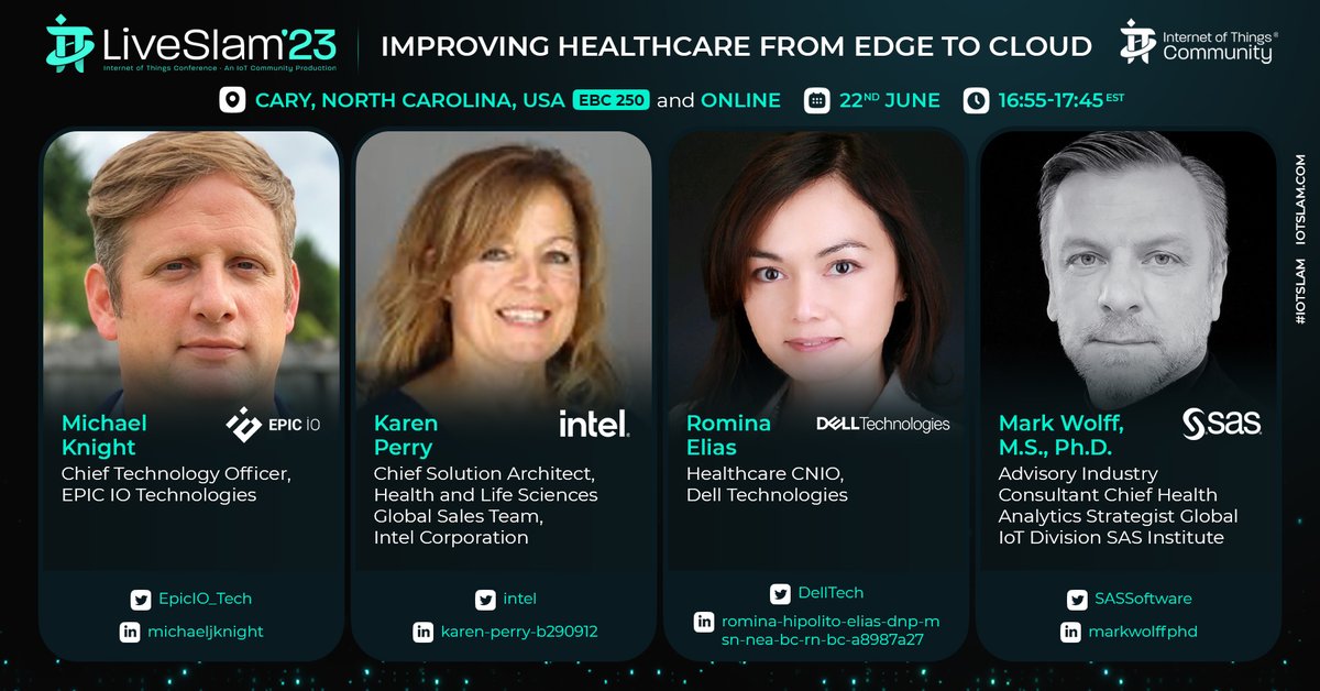 Live from SAS HQ, Cary North Carolina &amp; via LinkedIn Live, Closing Panel: Improving Healthcare From Edge to Cloud. Join Michael Knight <a href="/EpicIO_Tech/">EPIC iO</a>, <a href="/QuantumPatient/">QP</a> <a href="/SASsoftware/">SAS Software</a>, Romina Elias <a href="/DellTechHealth/">Dell Technologies Healthcare</a> &amp; Karen Perry <a href="/intel/">Intel</a>
iotslam.com/iot-slam-confe…
#IoTCommunity #IoTSlam