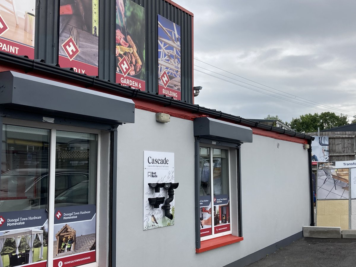 BMDrainage's tweet photo. Our Stephen Cummings at Donegal Town Hardware with Martin McGowan to secure prime position for a Cascade display board. Customers can touch &amp; see it’s really not cast iron! Also note the Cascade Prostyle gutter and round downpipes installed on the building. Nice work! https://t.co/1k4DNvKMFz
