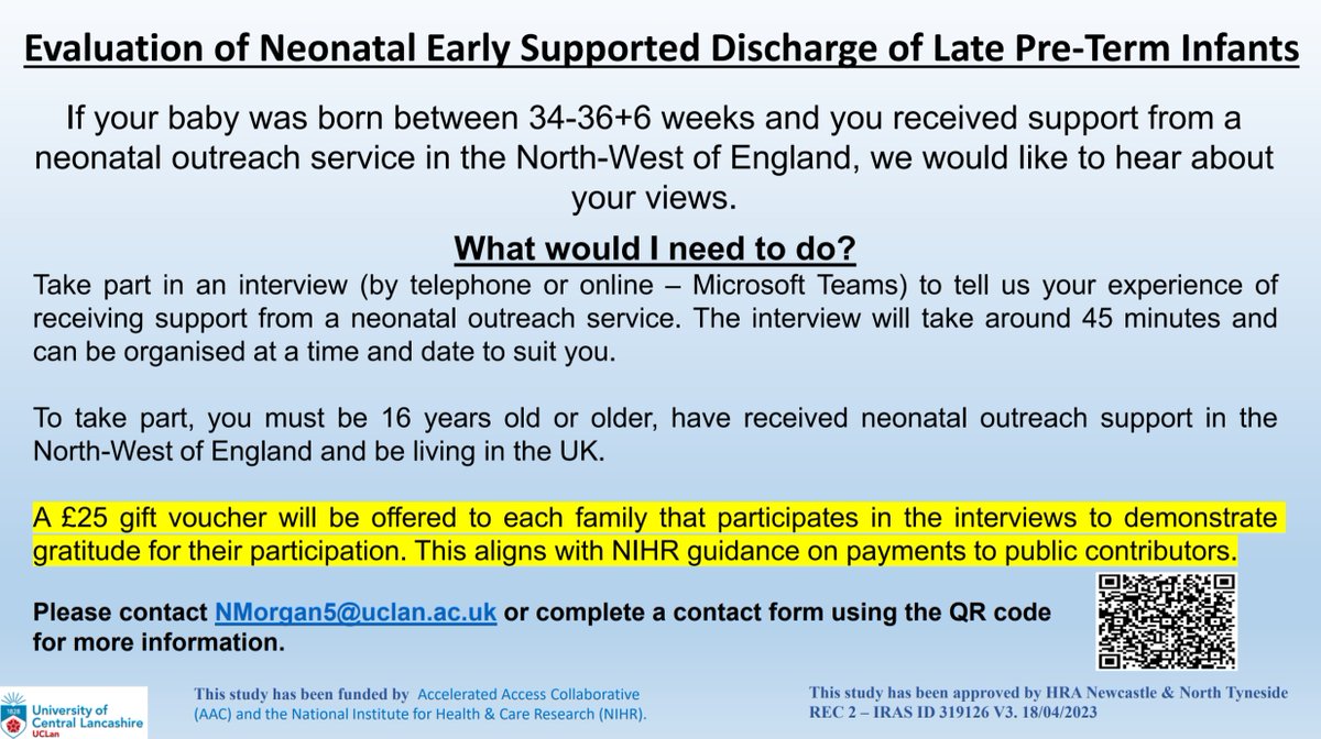 Are you are parent of an infant born early (34-6+6 weeks) and received neonatal outreach support in the Northwest?  We would like to hear about your experience. See details below. <a href="/arc_nwc/">ARC North West Coast</a> @UCLanResearch @UCLan <a href="/gill_thomson/">Gill</a>