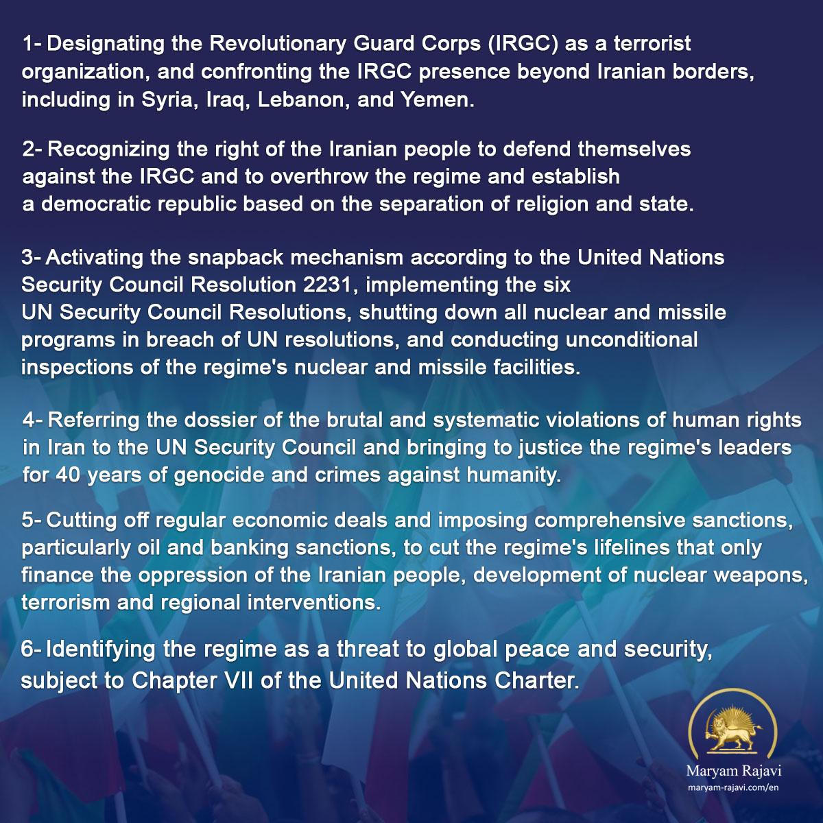 A firm policy vis-à-vis the regime in #Iran is not only the Iranian people’s demand but also the need for peace and security in today's world. To this end, the Iranian Resistance proposes the following actions: 
#FreeIran2023