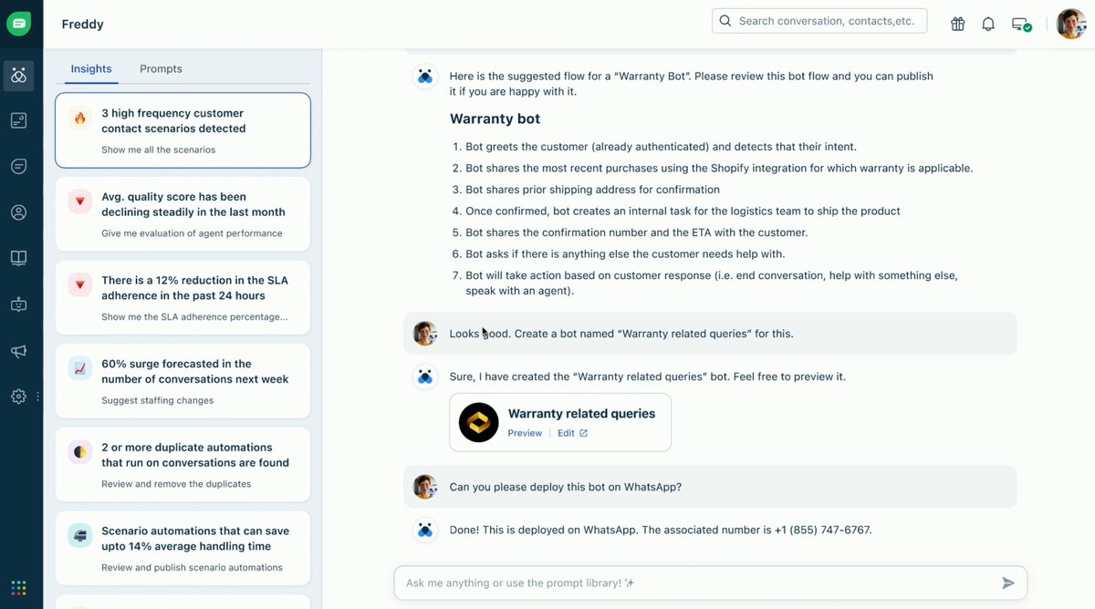 FreshworksInc's tweet photo. @staceyepstein @mrgirish Presenting the new Freddy Insights!

🗨️ Prompt-based data insights in minutes, not days.
🤖 Build and deploy bots in a few prompts, not 100+ clicks.
#FreddyAI https://t.co/OH1PApvRyP