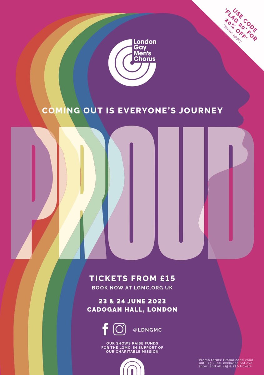 swinglesingers's tweet image. Our wonderful friends @LdnGMC have two AMAZING concerts this weekend in London! 

‘PROUD’ 23 and 24 June at @cadoganhall 

Don’t miss it! They are truly brilliant. They’re even offering a discount code FLAG20 for 20% off. Get your tickets now! 🩷❤️🧡💛💚💙💜

#londongaymenschorus