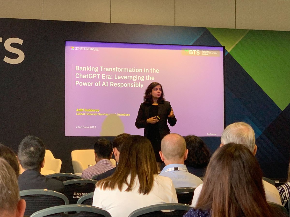 InstabaseInc's tweet image. Today, @InstabaseInc’s Aditi Subbarao gave an exceptional keynote presentation during the 2023 Banking Transformation Summit. The focus was on leveraging the power of #Al responsibly in the #ChatGPT era. Thank you to all that attended! #bankingtech #digitaltransformation #BTS2023