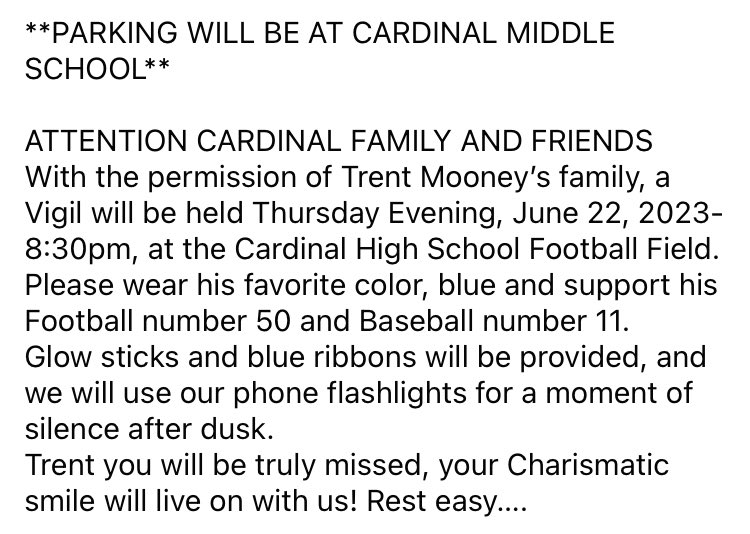 Bristol Local Schools was saddened by the news of the loss of a student that was a part of the Bristol Community. Trent graduated from Cardinal this past spring. We wish to send our love and support to those affected by his passing. 

They are holding a Vigil this evening