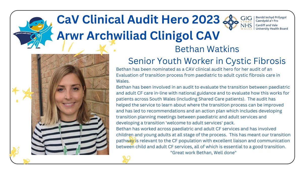 Well done Bethan. You work have seen improvements with the liaison and communication between child and adult cystic fibrosis services. Great work, well done and @CV_UHB thanks you. @JenneyMeriel @Jas_Roberts10 @SuzRankin @PaulBostock3 @cavcw @jonesab11 @angharad_oyler @ADofQPS