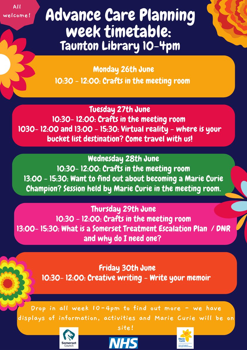 SomersetLib's tweet photo. Advance Care Planning week runs from 26th -30th June at Taunton Library, @SomEOLC &amp; @mariecuriesw will be with us all week! To find out more pop in to see us.  Free for everyone.
#EndOfLifeCare #MarieCurie https://t.co/0oRsck566K
